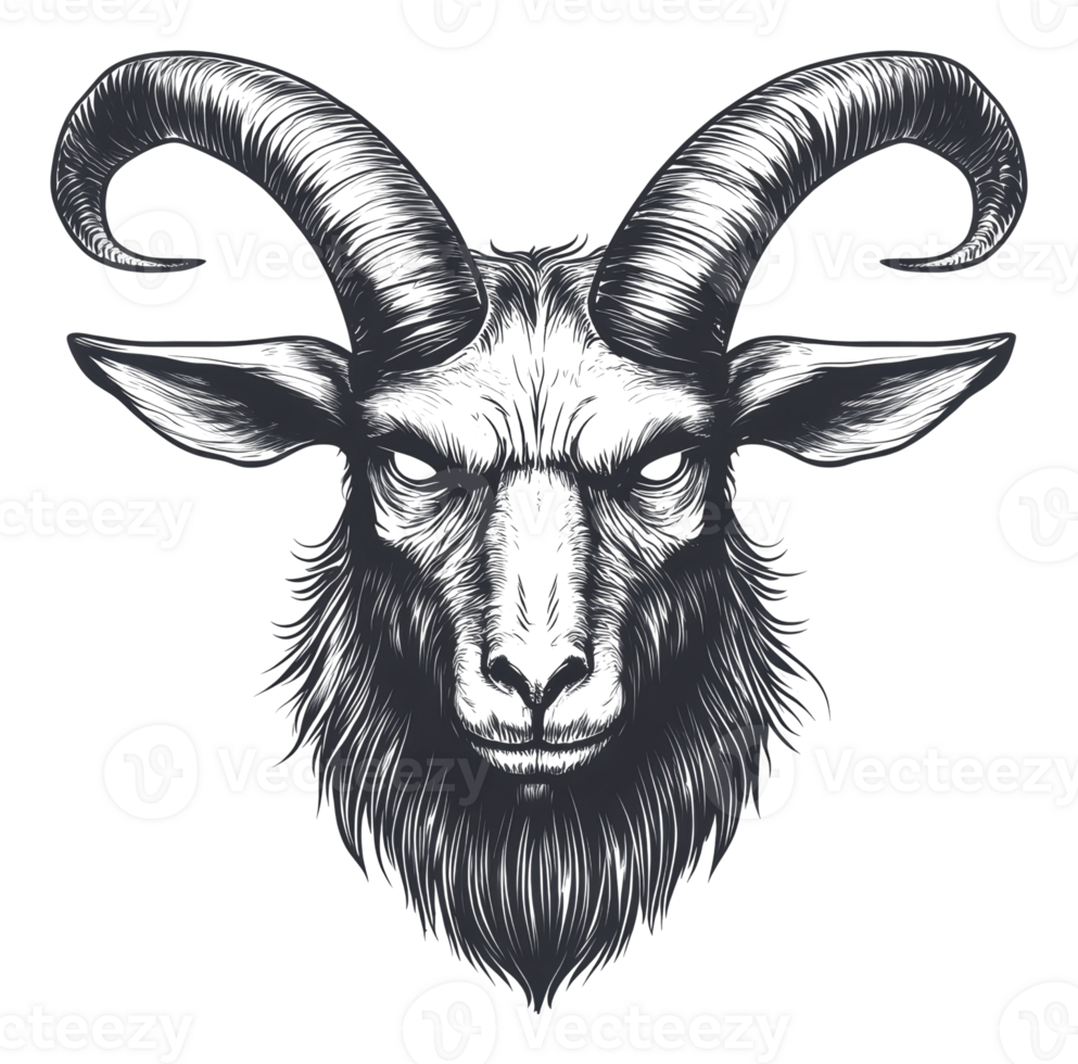Intricate illustration of a horned goat head png