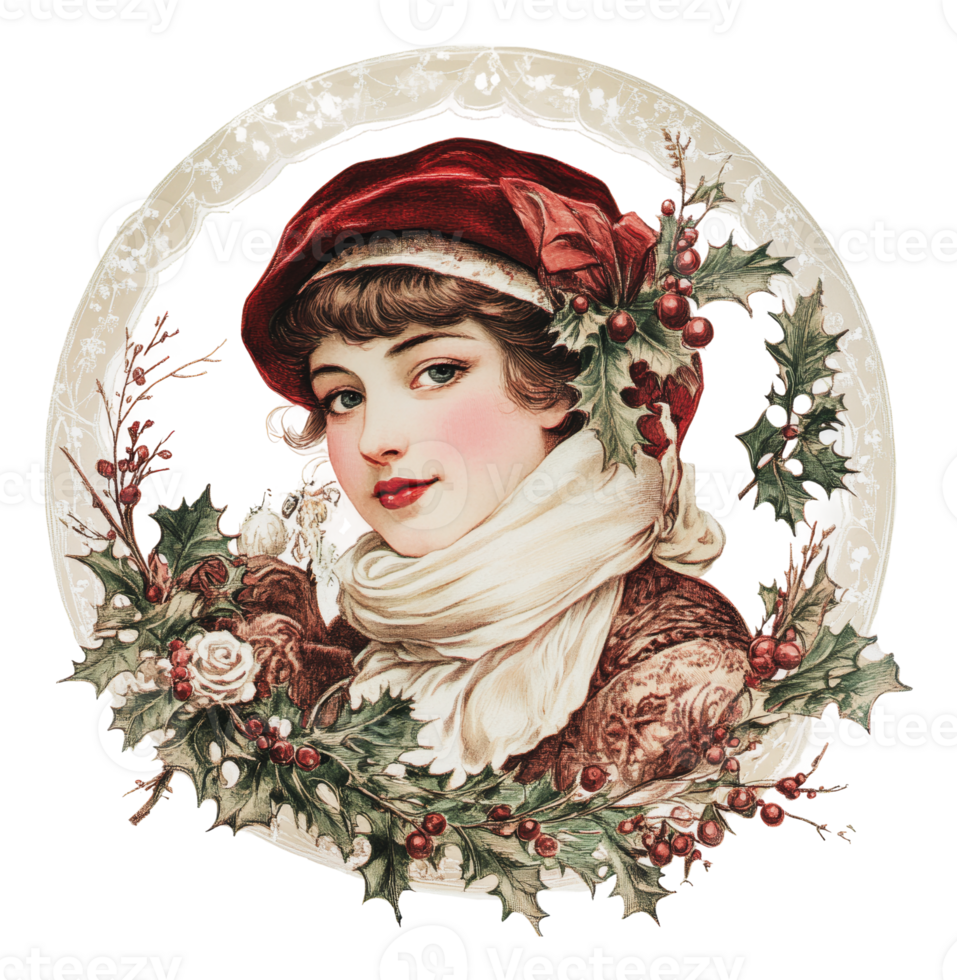 Young woman in winter attire surrounded by holly png