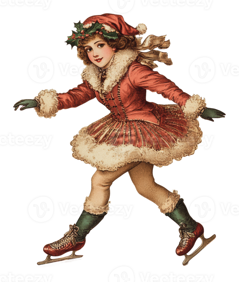 Vintage girl ice skating in winter wear png