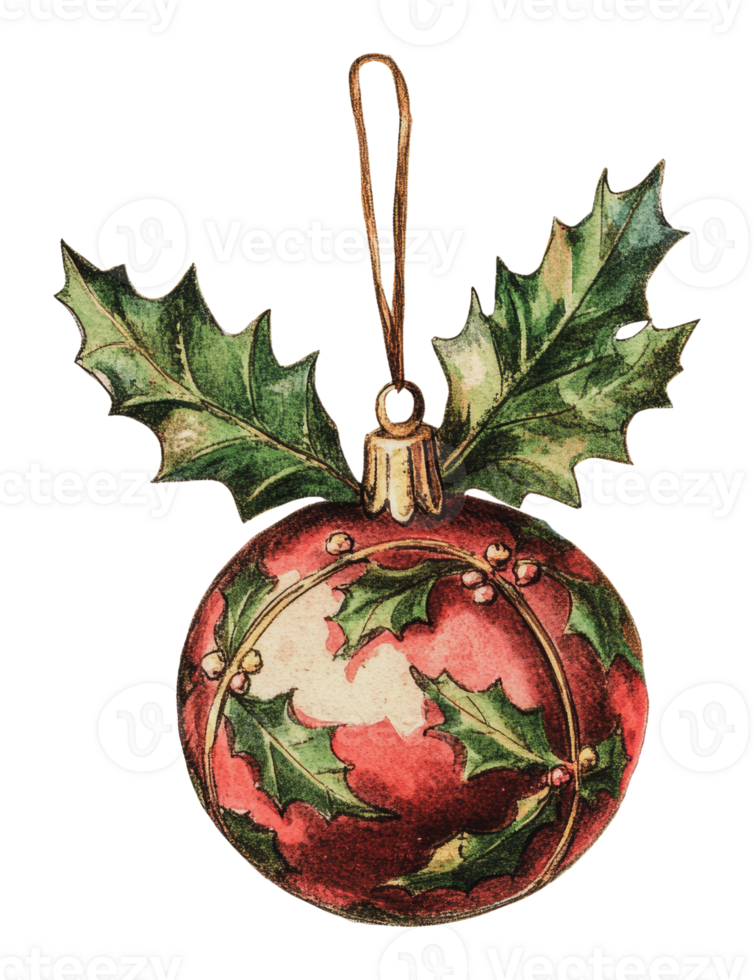 Holly-decorated vintage ornament png