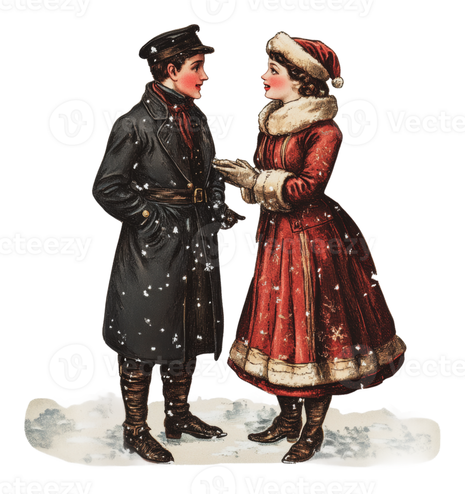 Couple in winter attire enjoying snowfall together png