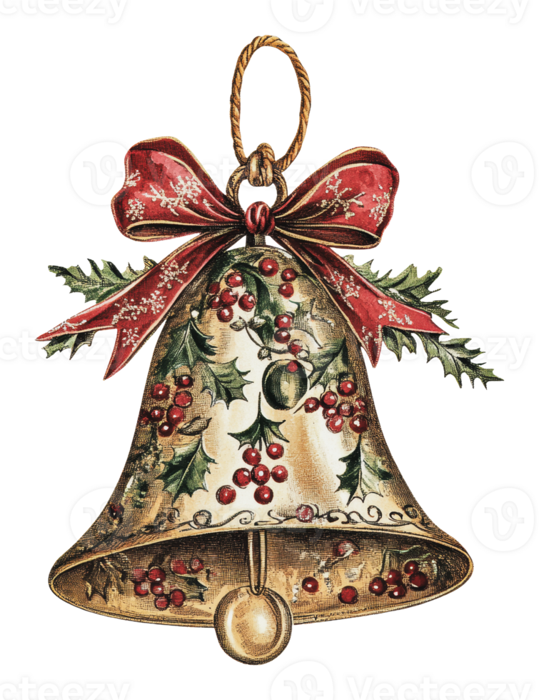 Decorative Christmas bell with holly and ribbon png