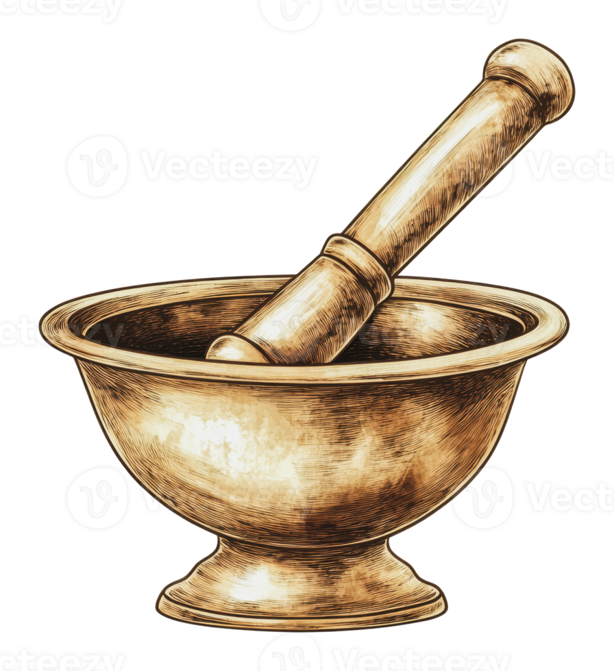 Mortar and pestle on a wooden surface with texture png