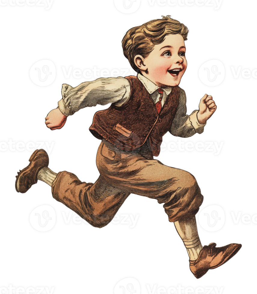 Happy boy running in vintage clothing style png