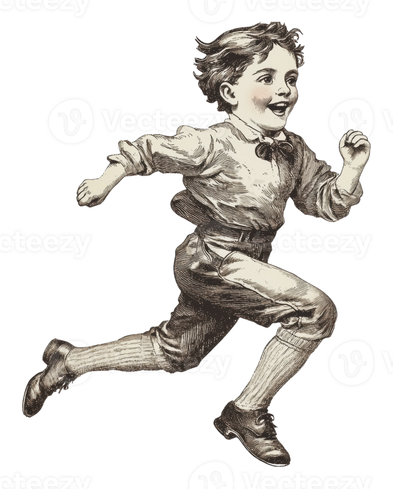 Boy running joyfully in vintage illustration style png