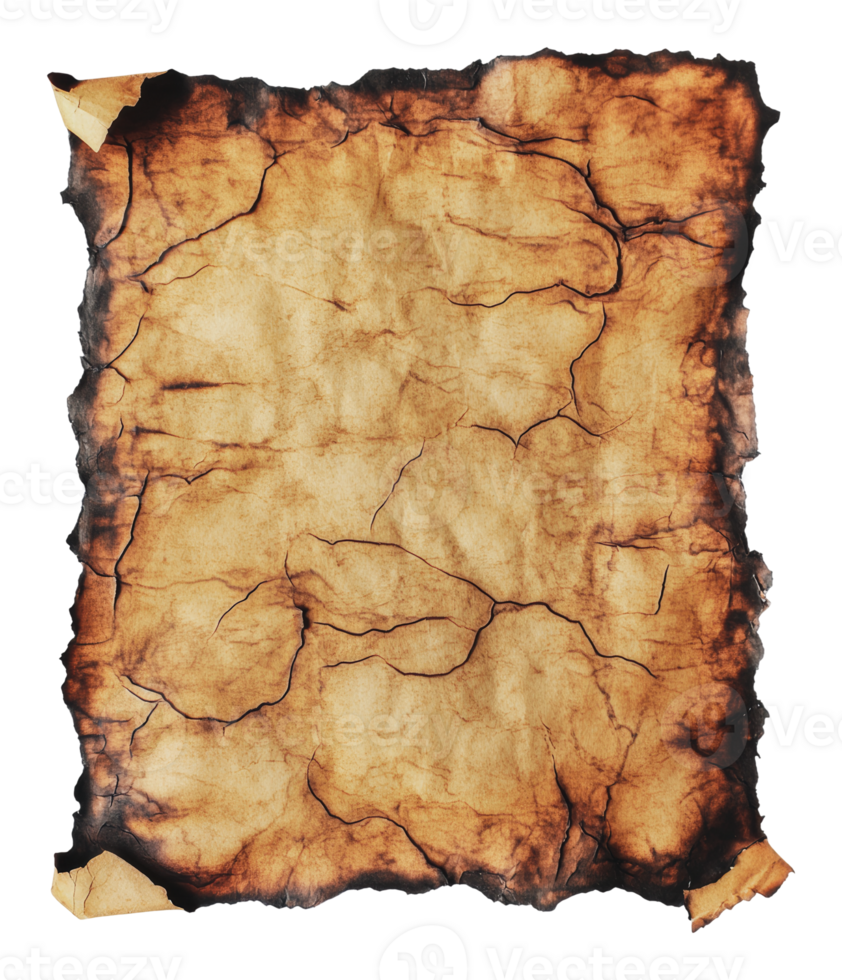 Ancient parchment with burnt edges and cracks png