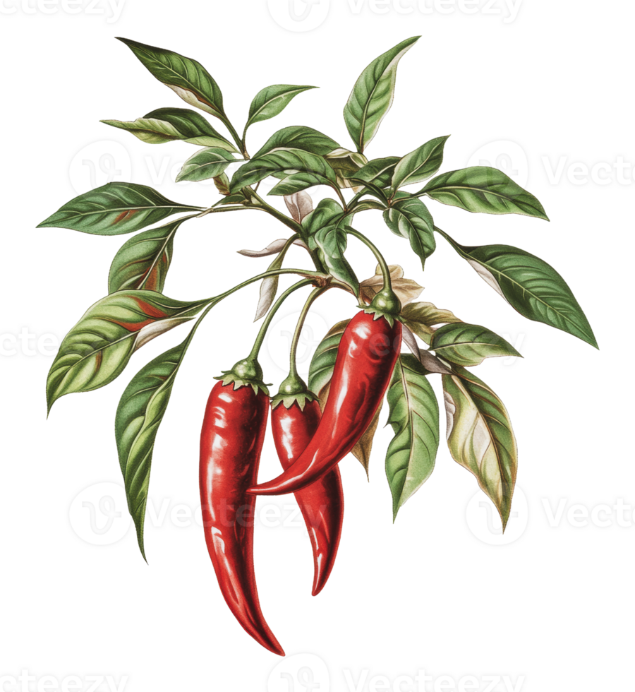 Vibrant red chili peppers on leafy branch png