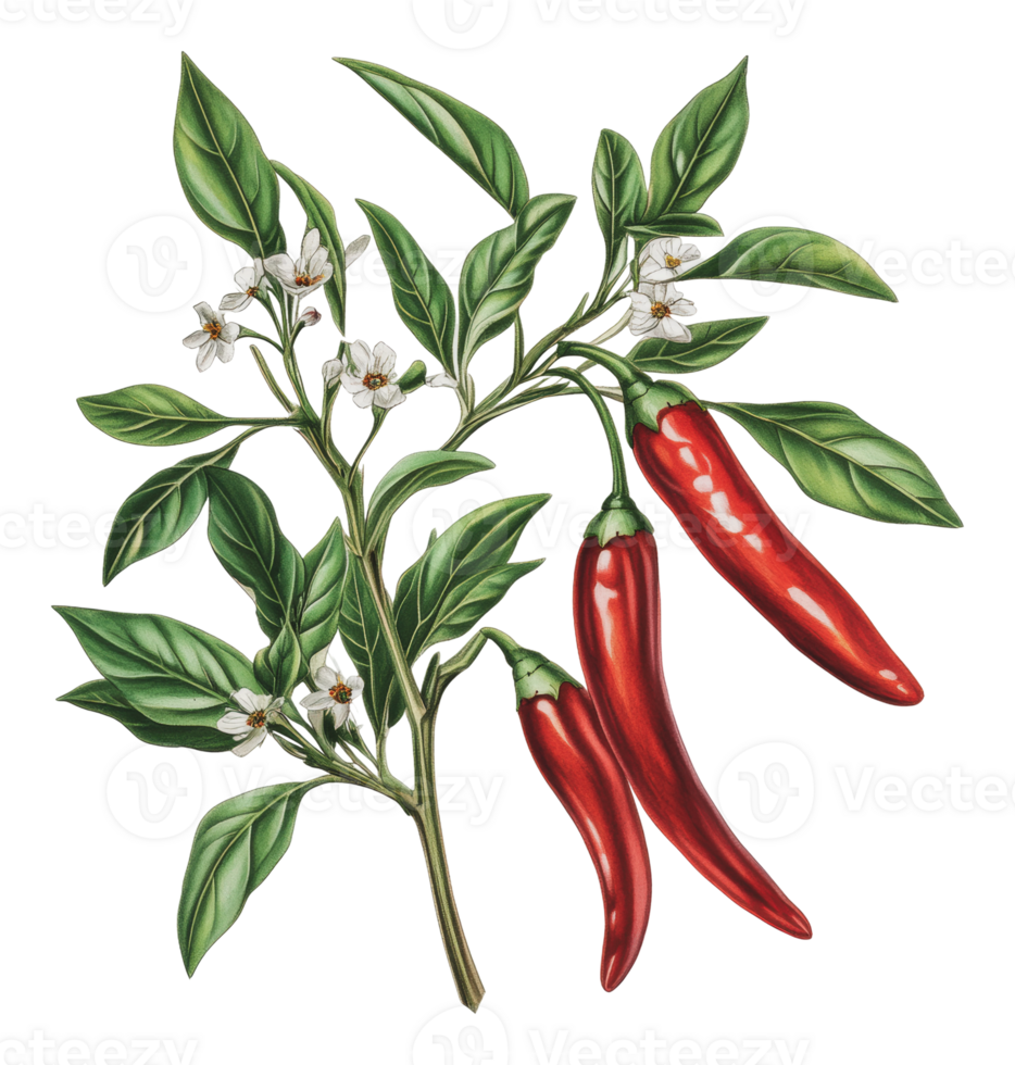 Red chili peppers growing on a vibrant plant png