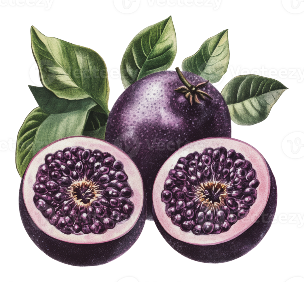 Purple passion fruit with leaves and cut sections png