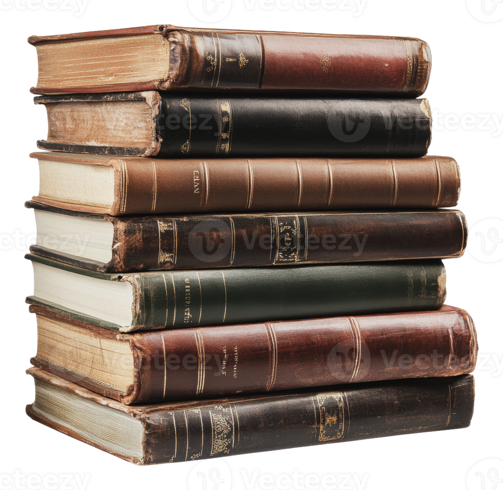Old leather-bound books stacked in a neat pile png