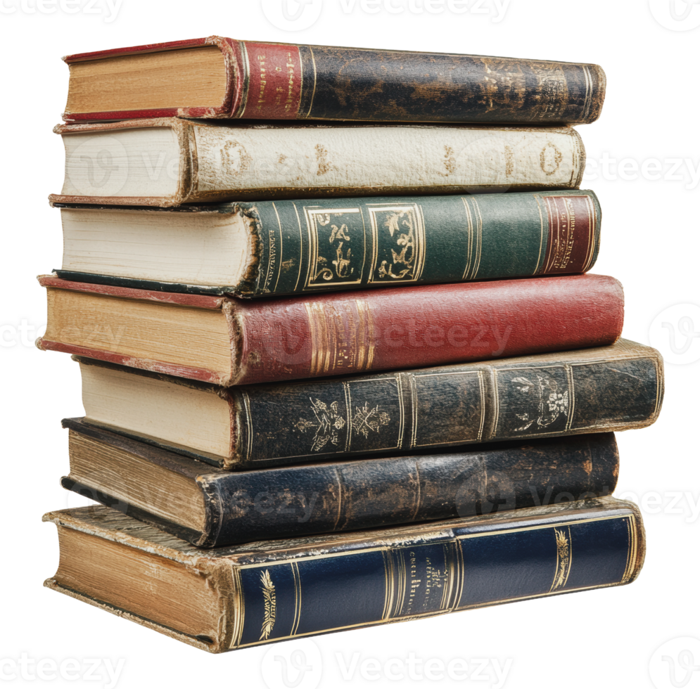 Vintage books stacked on a wooden surface png