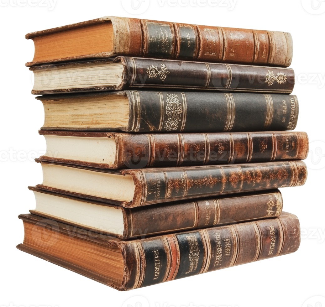 Stack of antique leather-bound books on display png