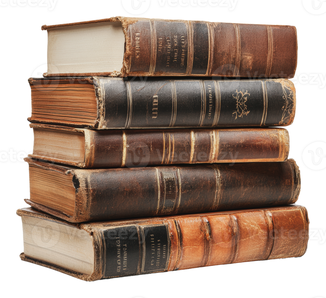 Collection of vintage leather-bound books stacked png