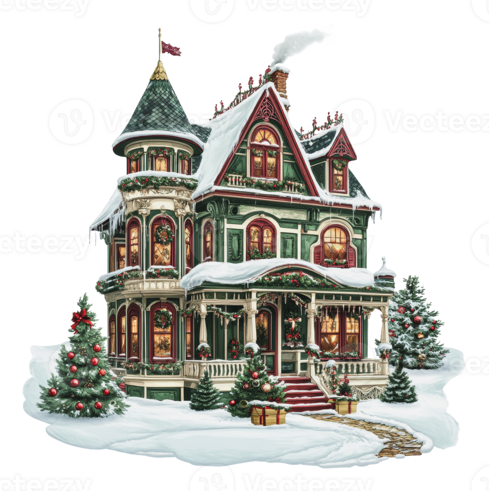 Snowy holiday mansion decorated for festivities png
