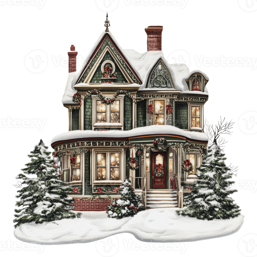 Beautiful winter house with decorations and snow png