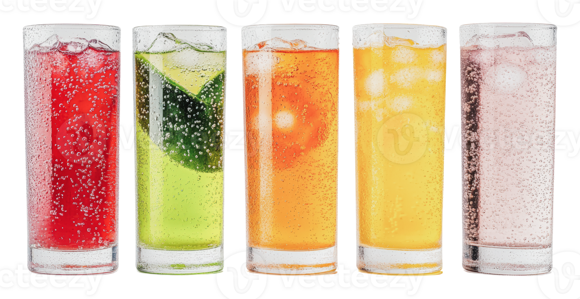 Refreshing drinks in colorful glasses on display png