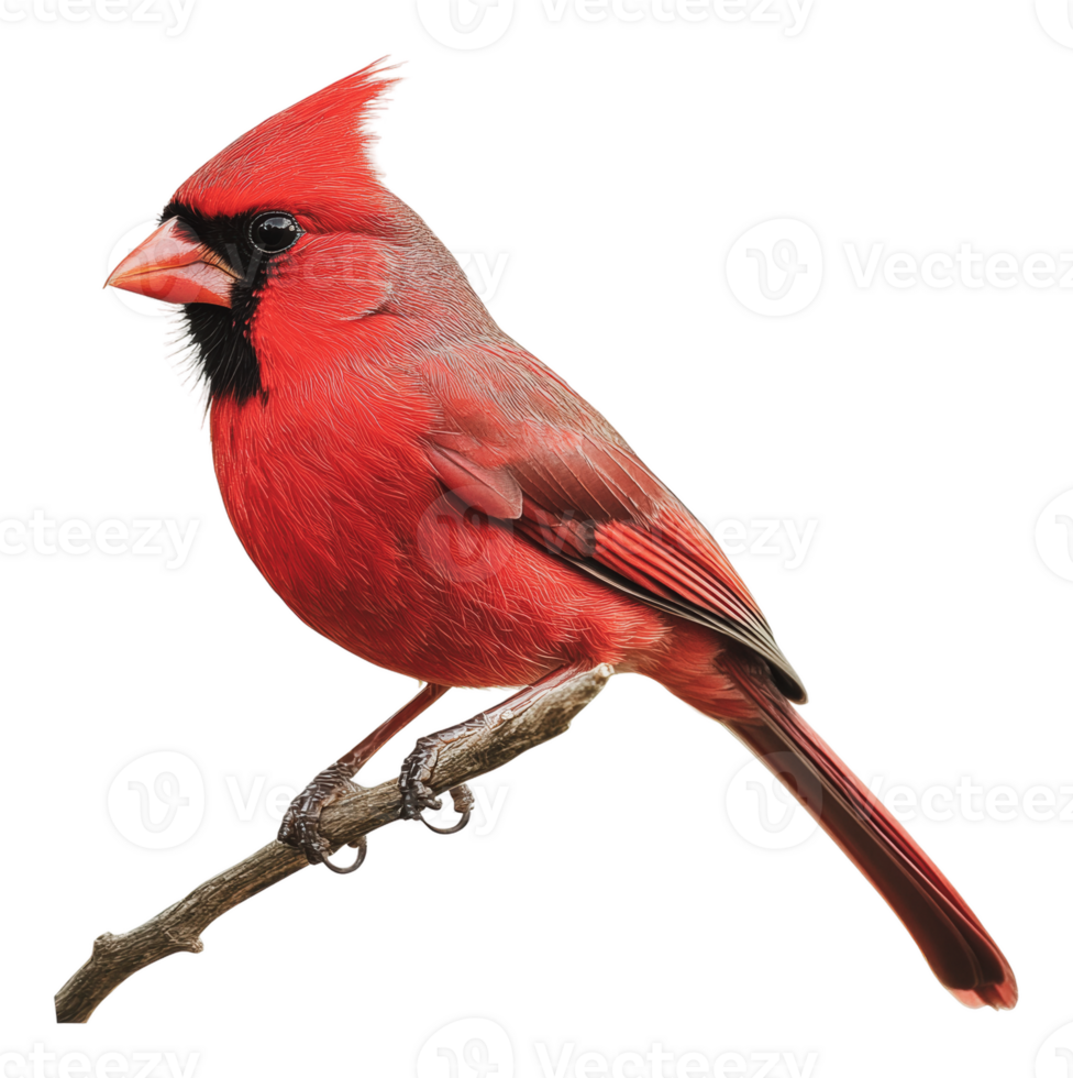 Bright red cardinal perched on a stick in nature png