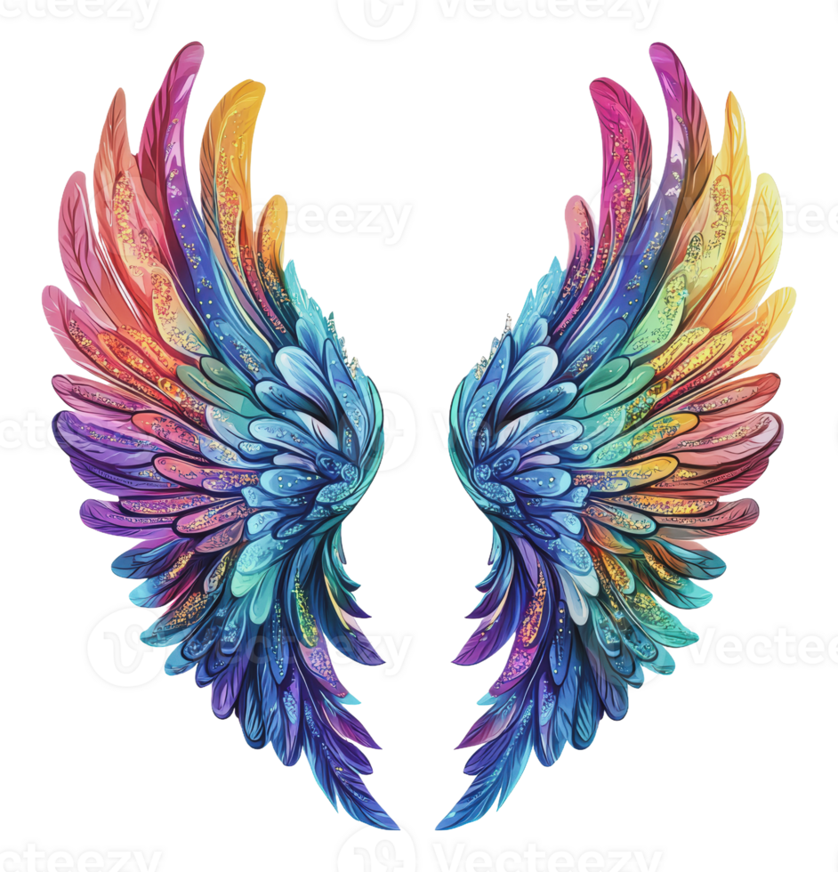 Colorful angel wings with intricate patterns png