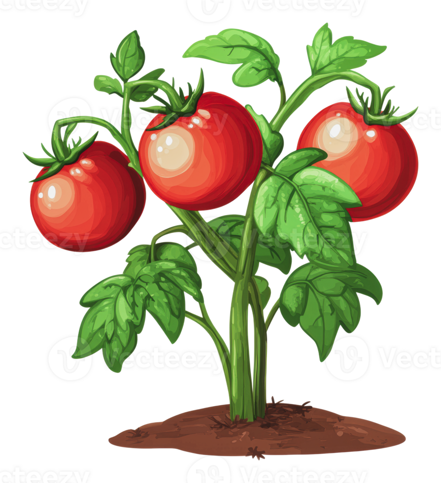 Fresh red tomatoes growing on a green plant png