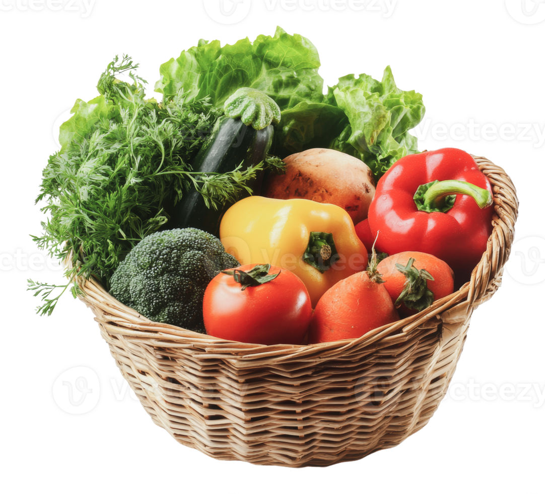 Vibrant fresh vegetables in a woven basket png