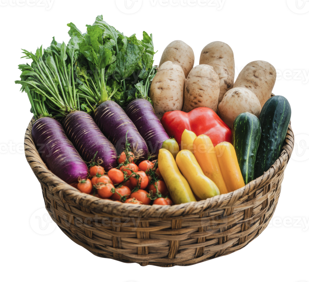 Fresh vegetables in a woven basket display png