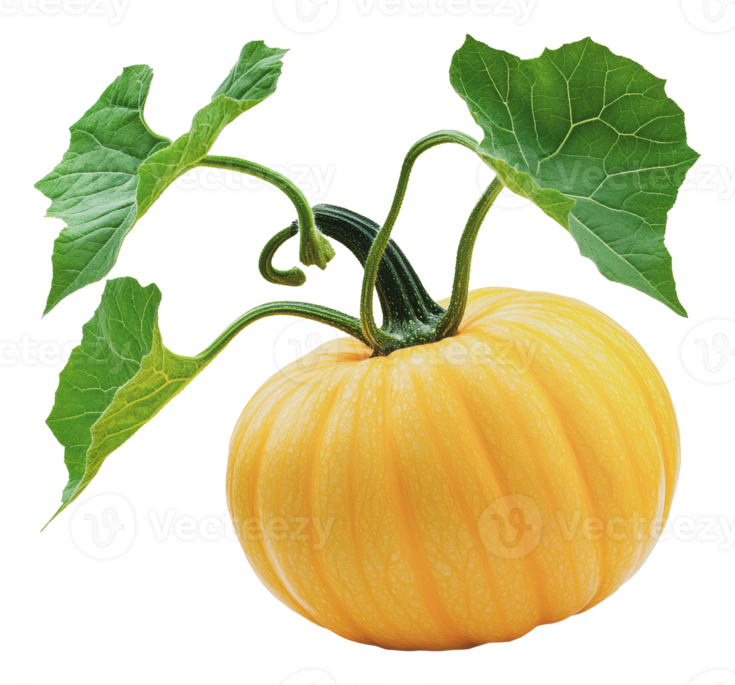 Unique yellow pumpkin with vibrant green leaves png