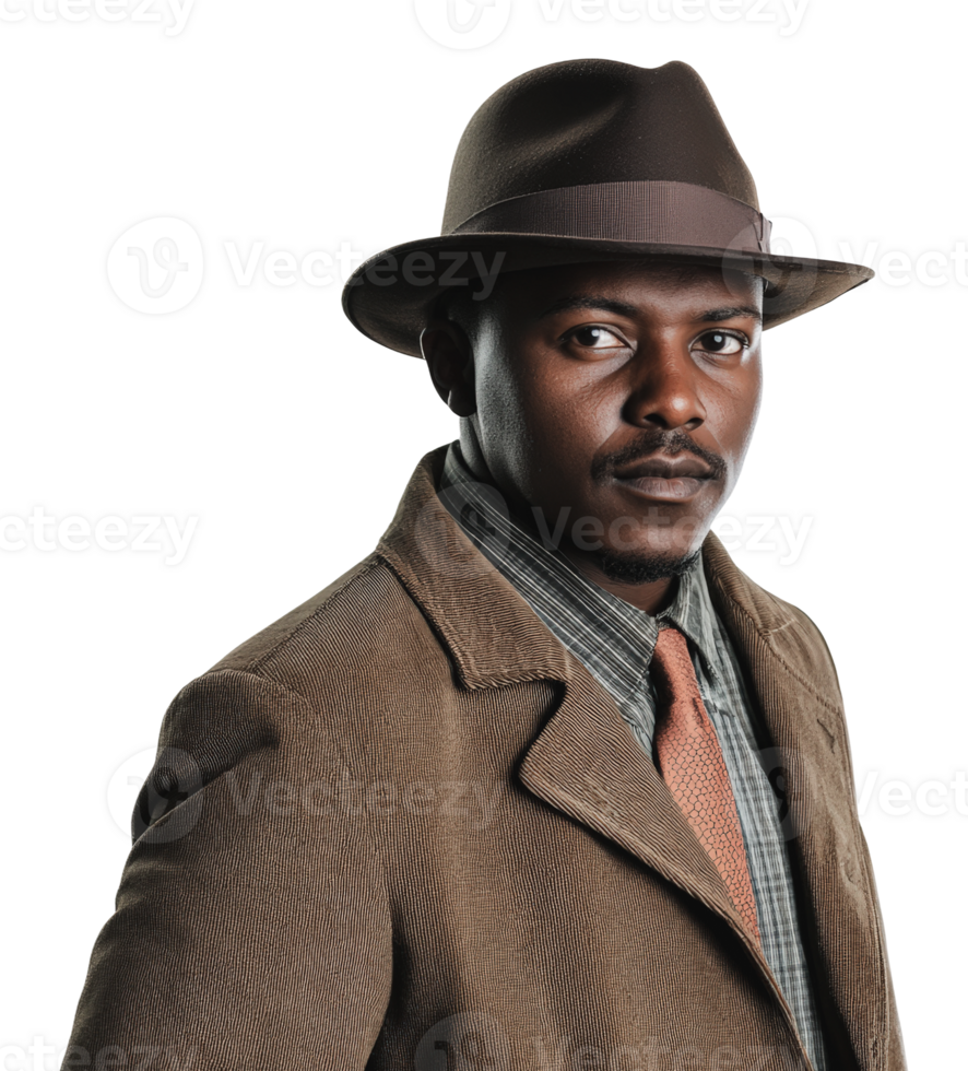 Stylish man in brown hat and coat with tie png