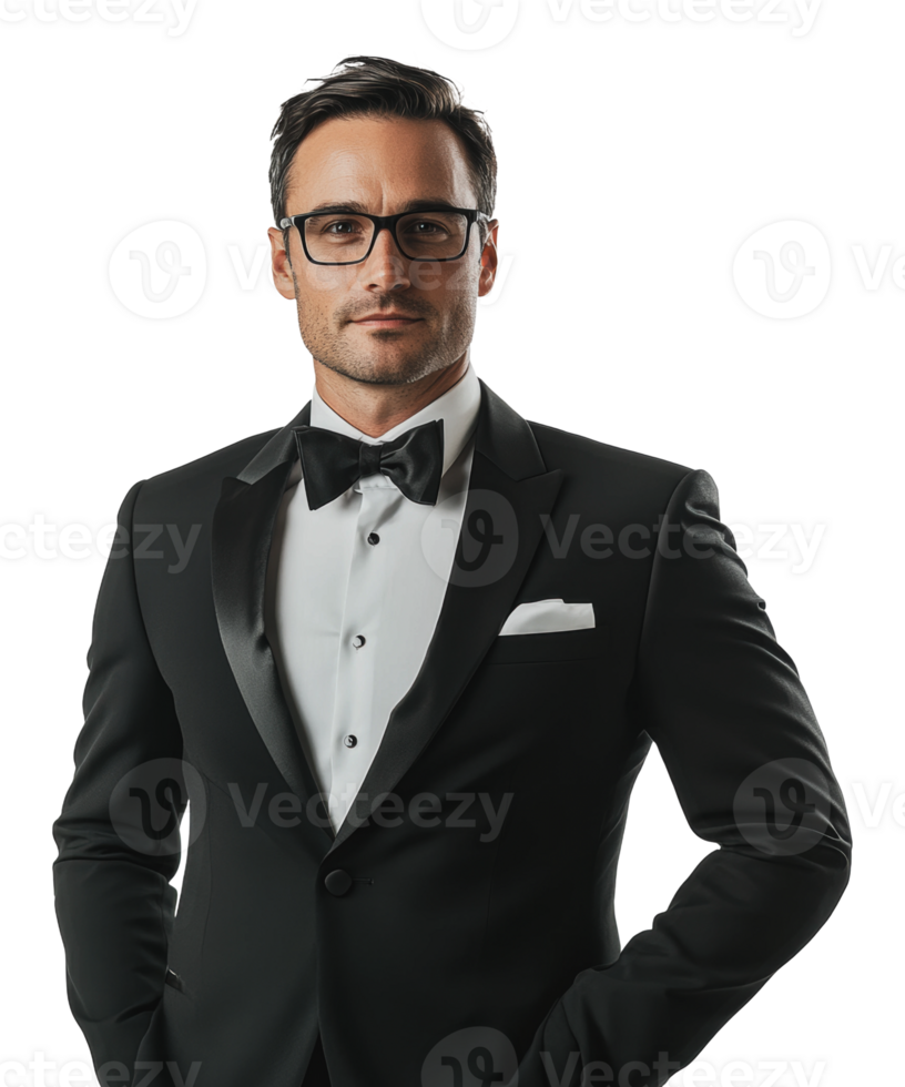 Formal man in a tuxedo posing confidently indoors png