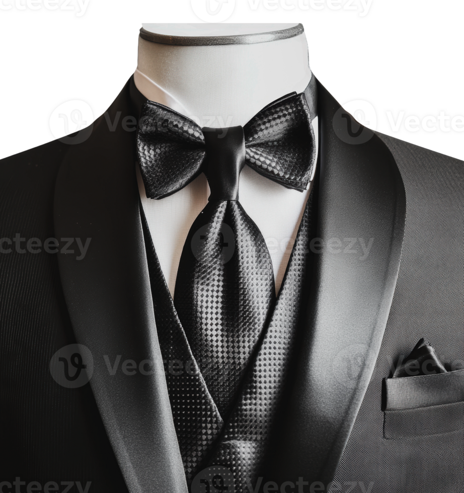 Elegant black tuxedo with bow tie and accessories png