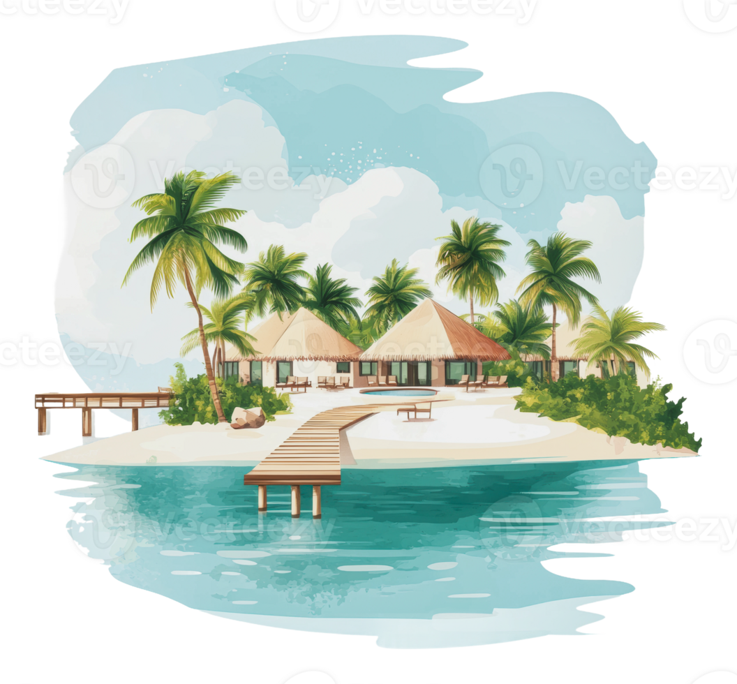 Tropical resort with beach and palm trees png