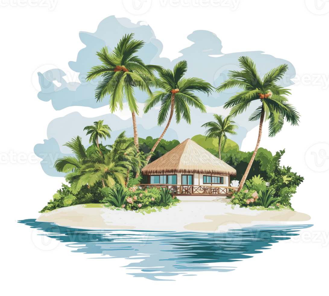 Tropical island cabin in lush greenery png