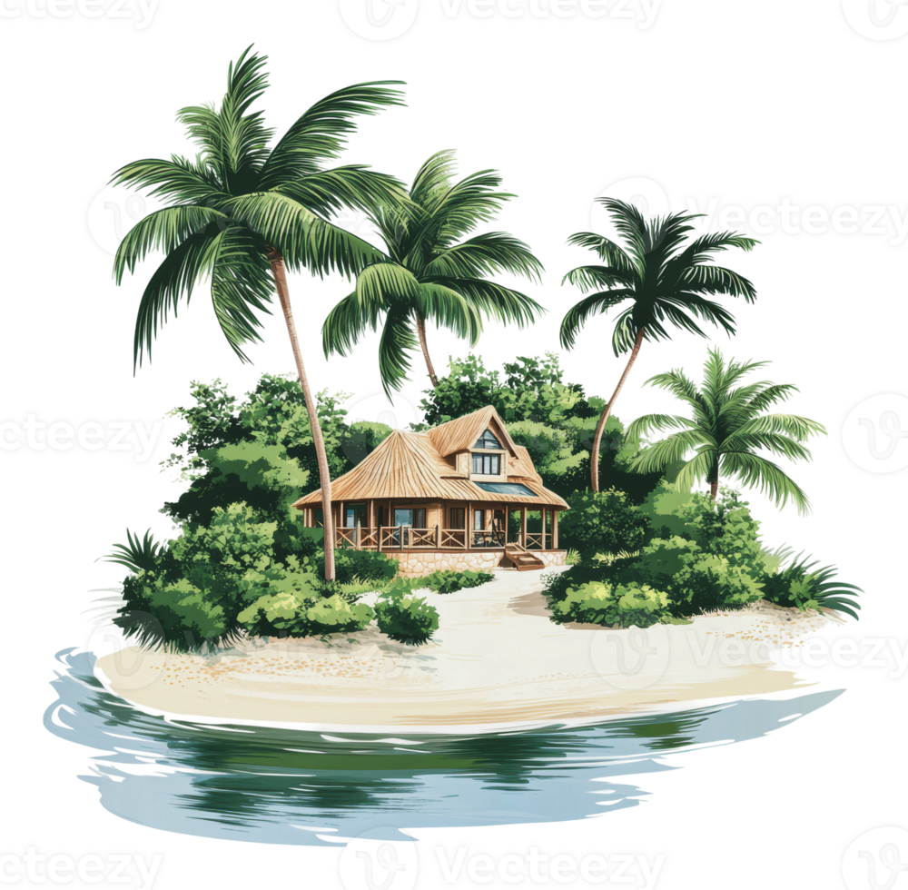 Tropical island cottage surrounded by palm trees png
