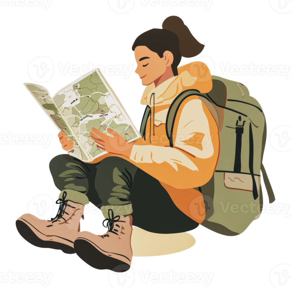 Adventurer studying a map in a natural setting png
