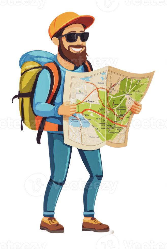 Hiker studying a map in outdoor adventure png
