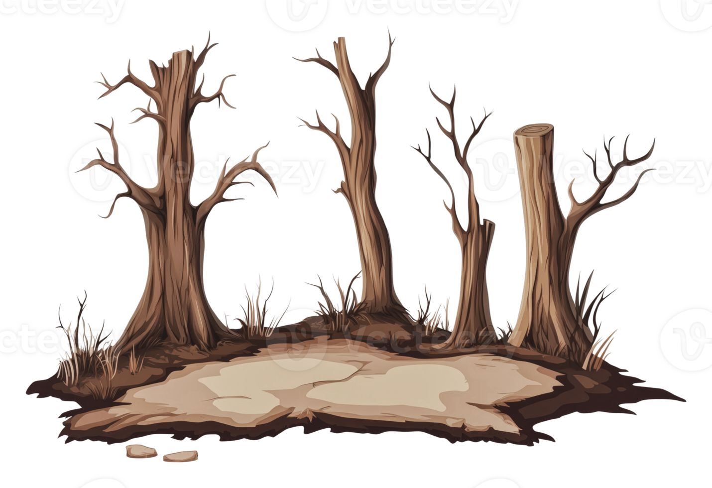 Dry landscape with lifeless trees and barren soil png