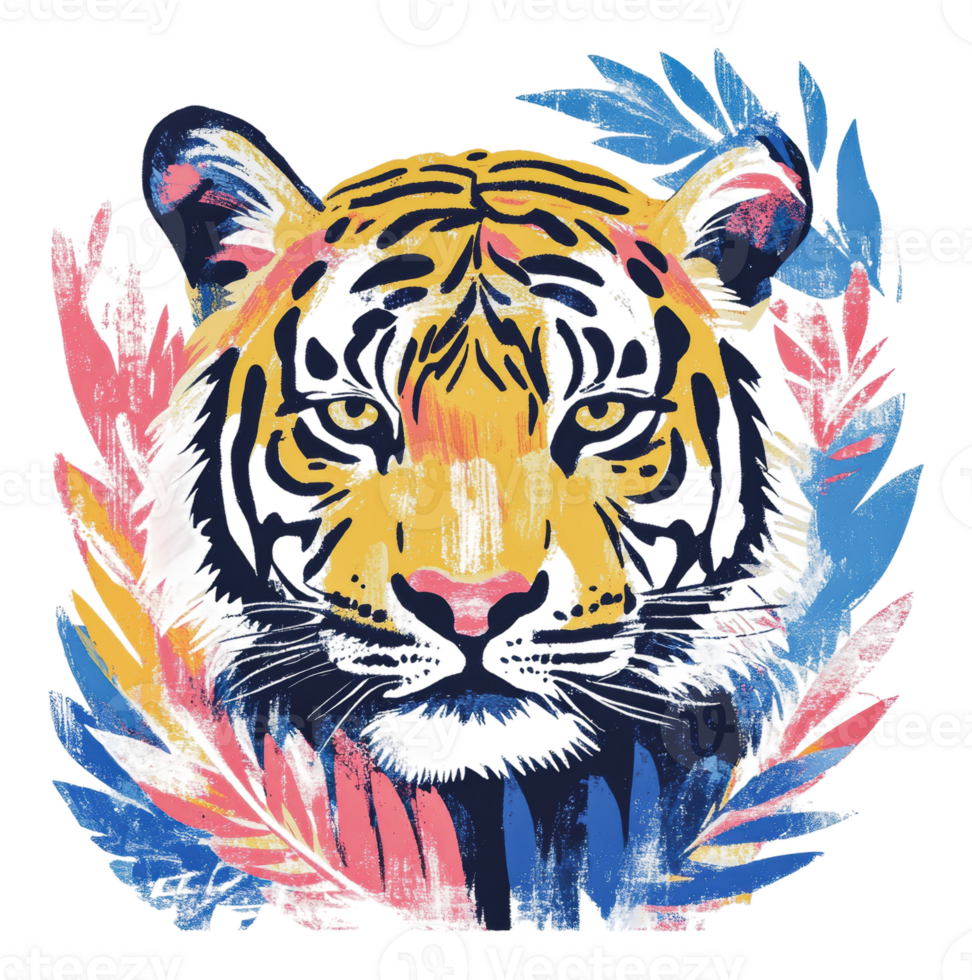 Tiger portrait in tropical foliage png