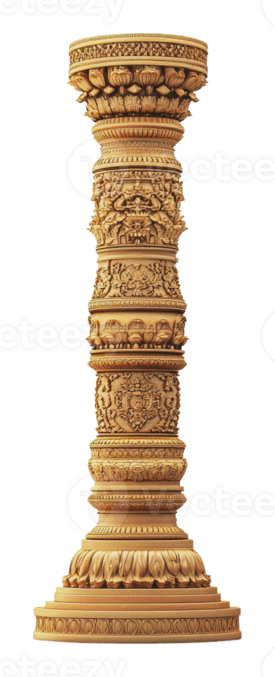 Intricate wooden pillar with detailed carvings png