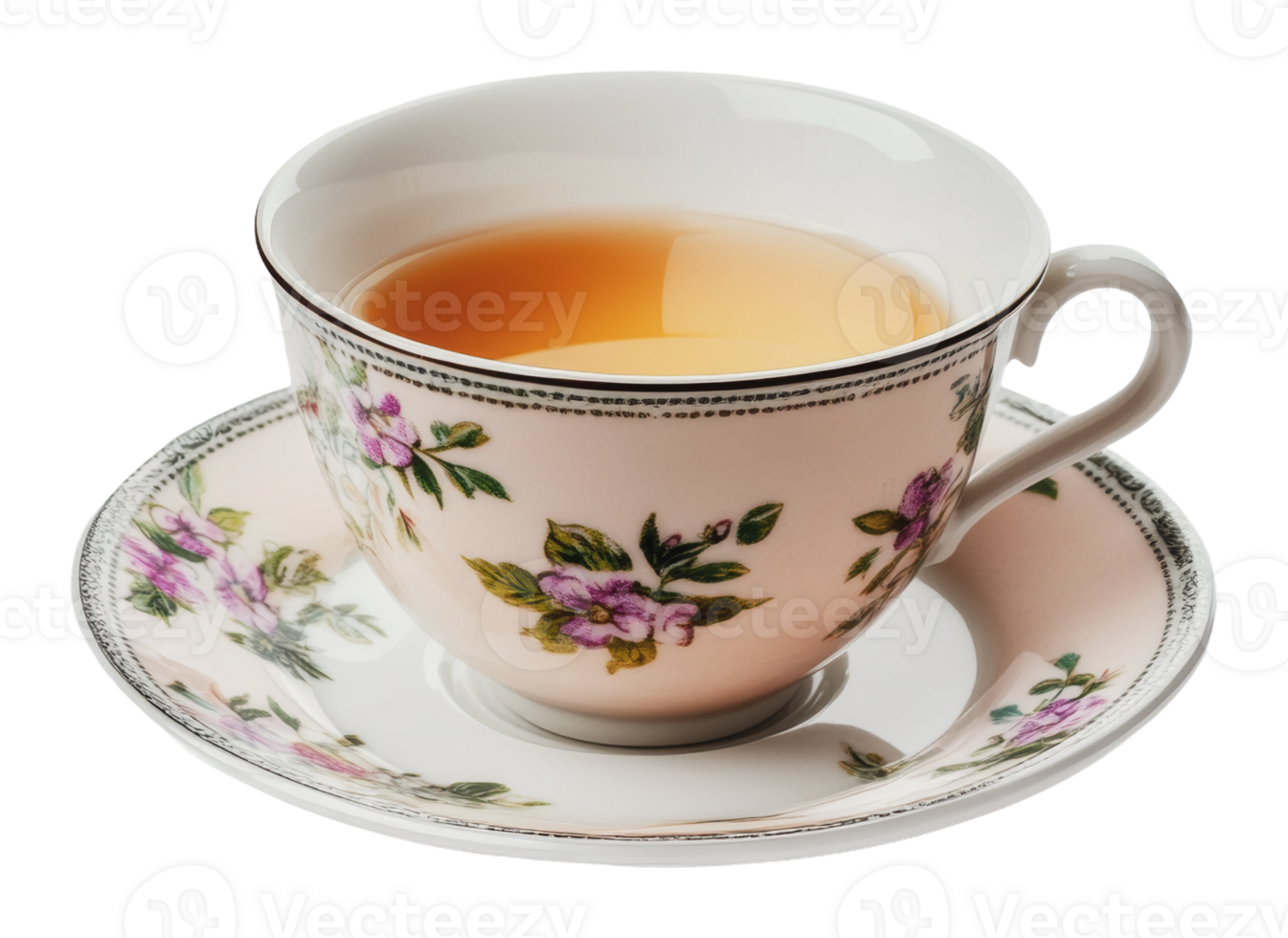 Elegant tea cup with floral design on saucer png