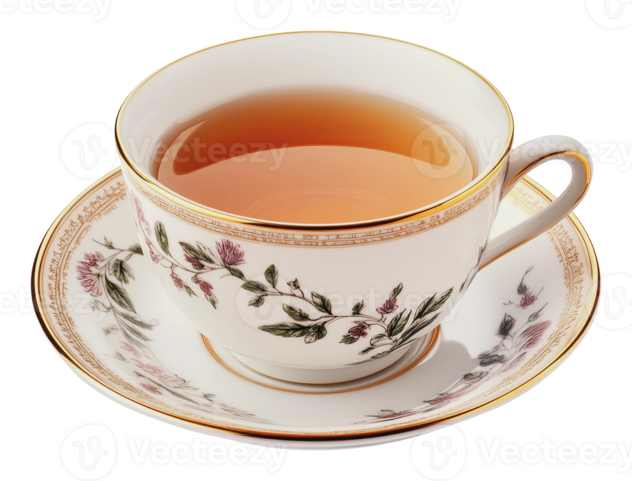 Elegant tea cup with floral design and saucer png