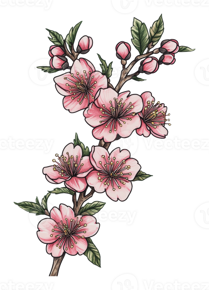 Blossoming cherry flowers on a delicate branch png