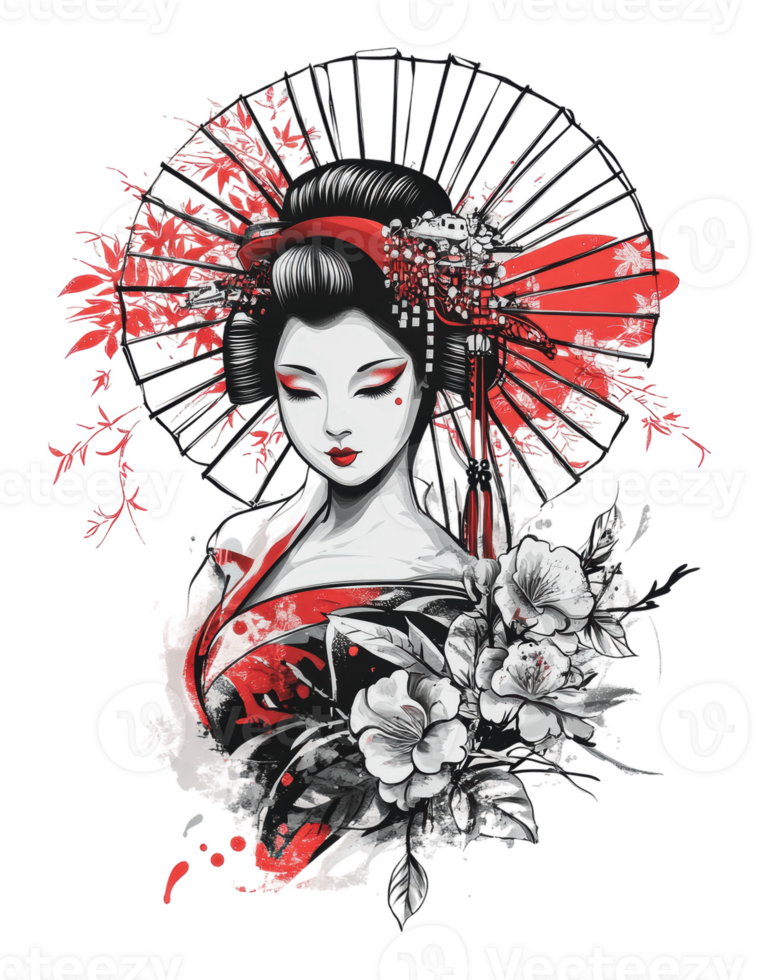Elegant geisha with parasol and floral details png
