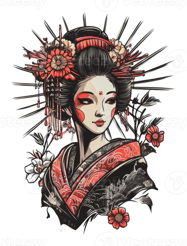 Elegant geisha with floral details png