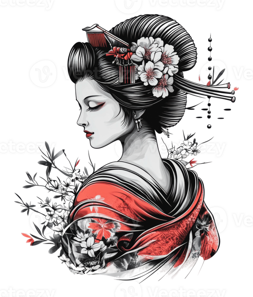 Elegant geisha with traditional flowers in hair png