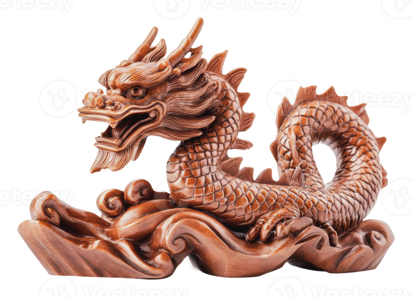 Intricate wooden dragon sculpture resting on waves png