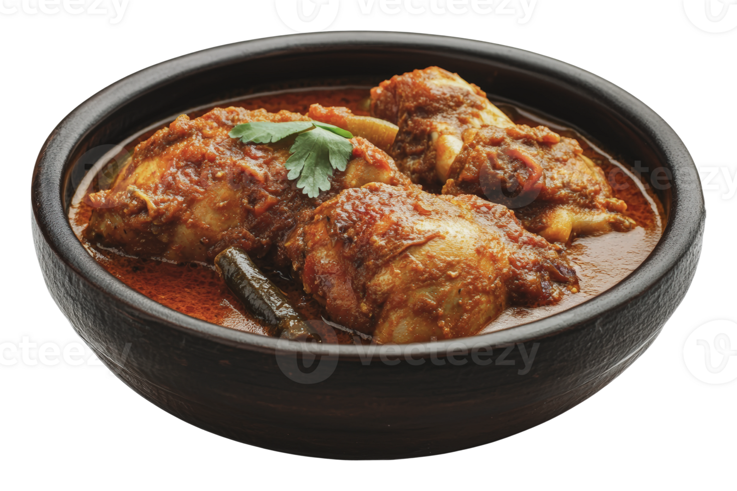 Spicy chicken curry served in a clay bowl png