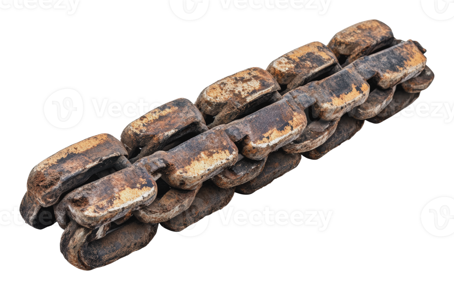 Rusty metal chain with missing links on display png