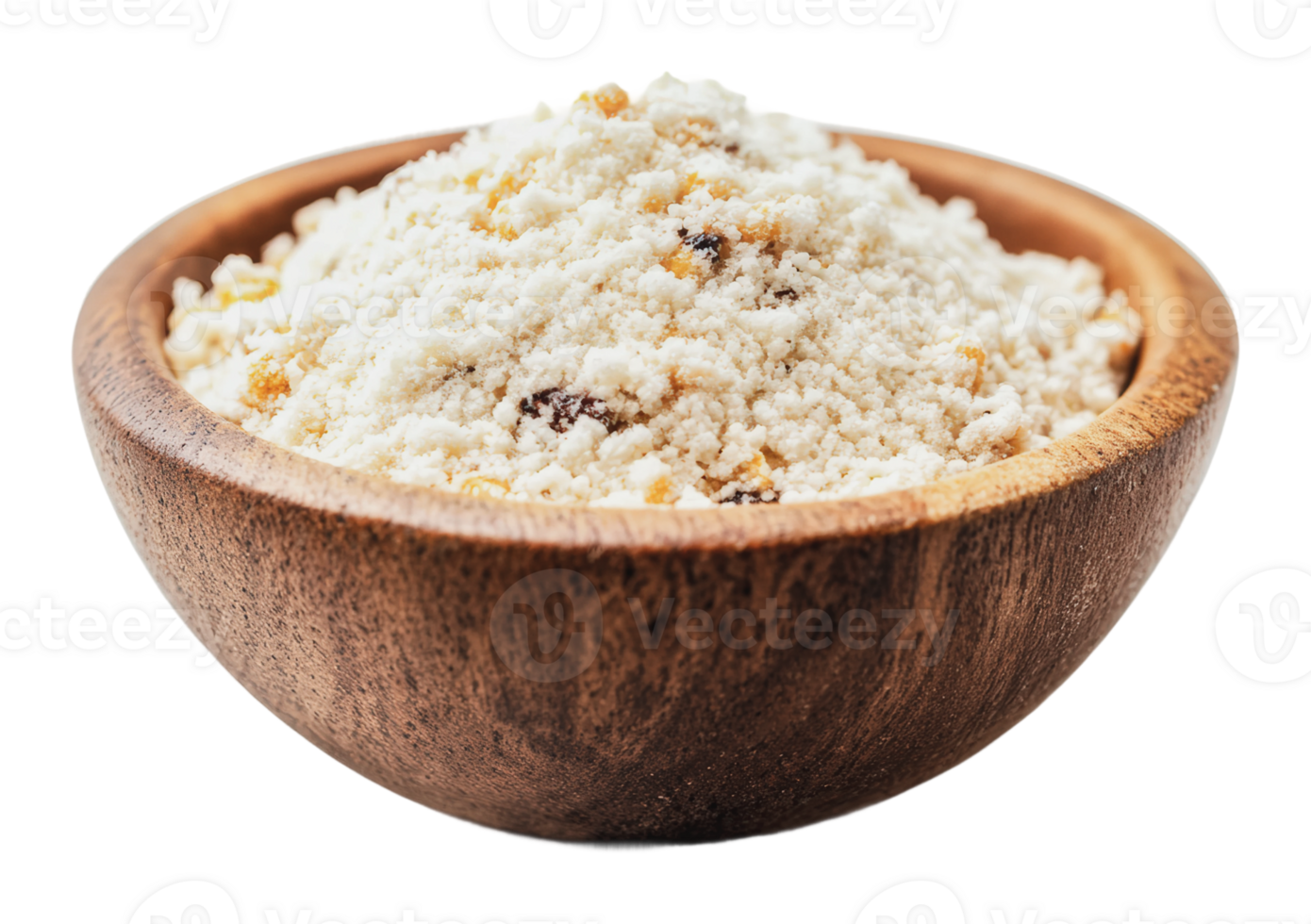 Freshly ground flour in a wooden bowl on display png