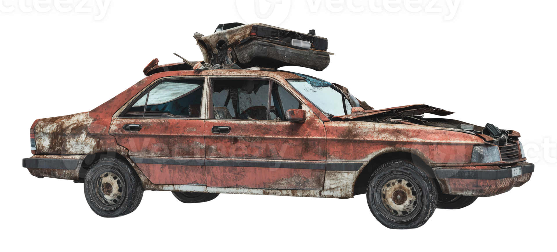 Rusty car with another vehicle on top in junkyard png
