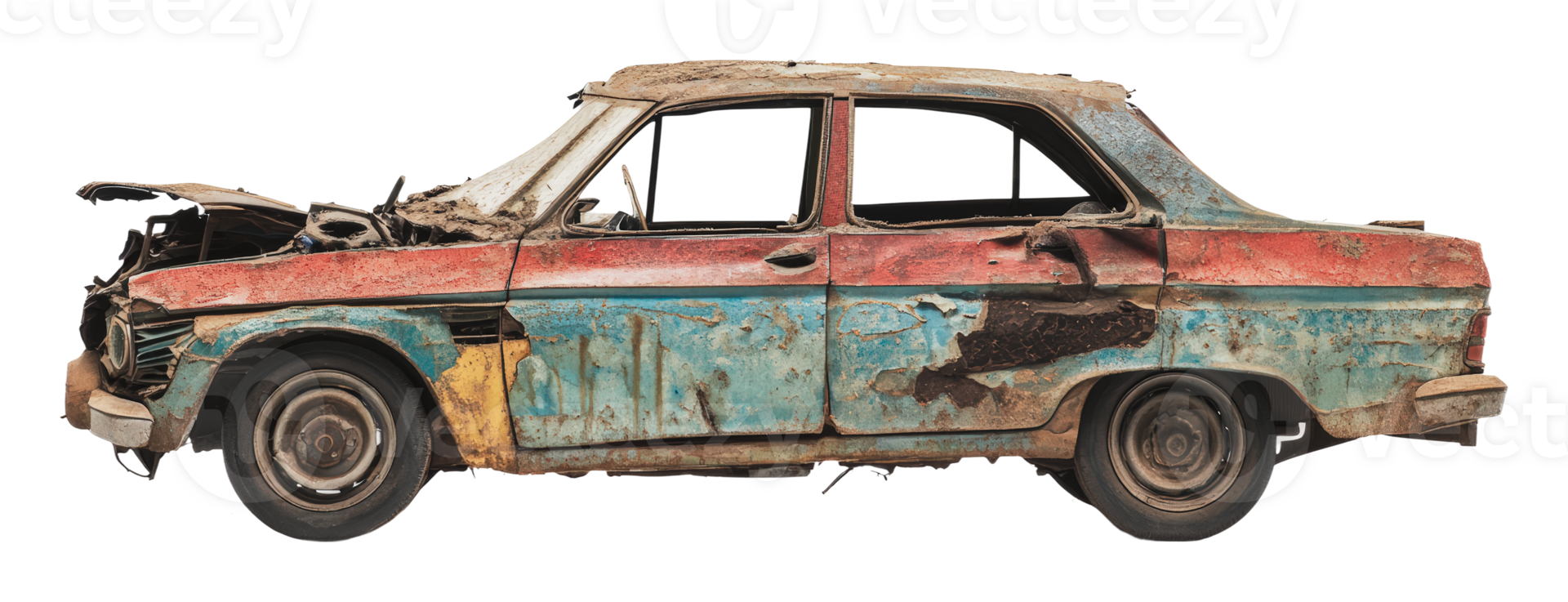 Old rusted car abandoned in a rural setting png