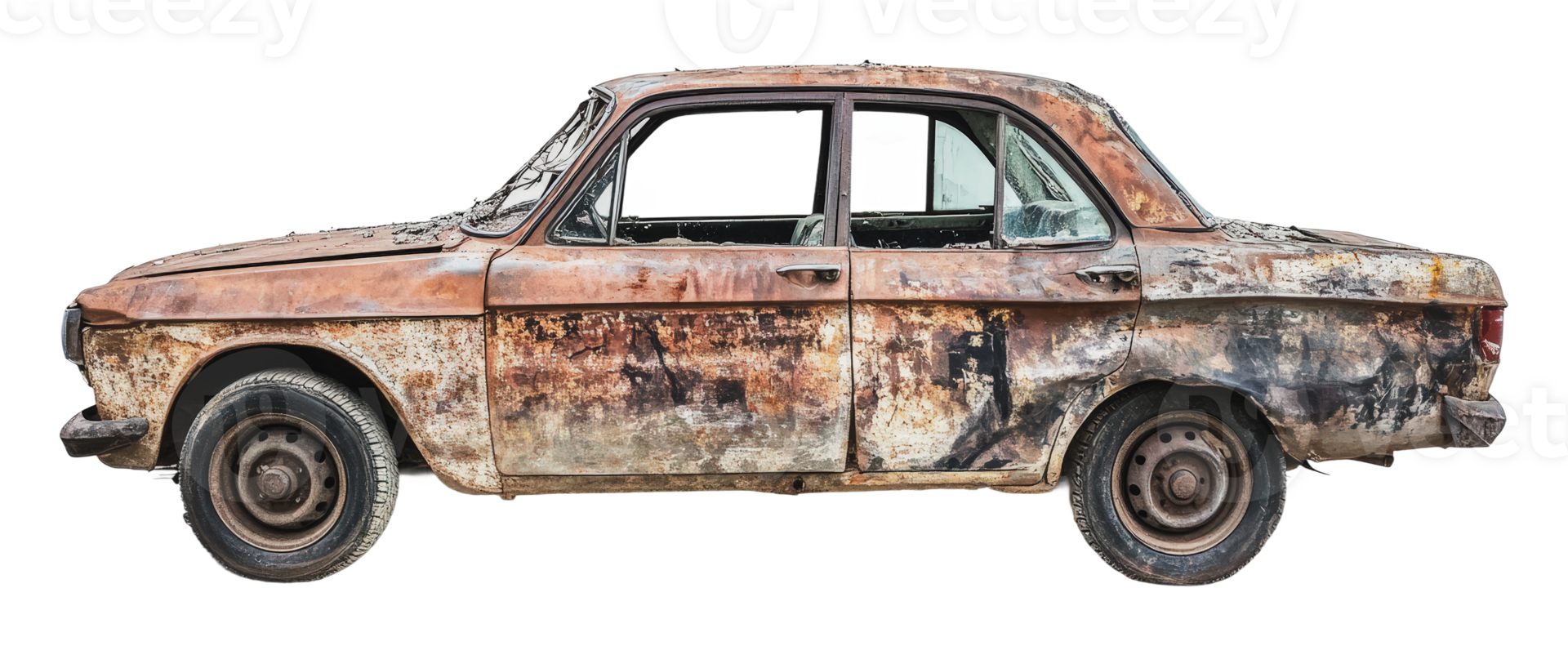 Rusty vintage car abandoned in urban setting png